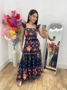 Long Crepe Dress With Tropical Print, Ruffle Detail, And Lining - Fits Sizes 38 To 44 (Brazilian Sizes). - Royal Blue - View 1