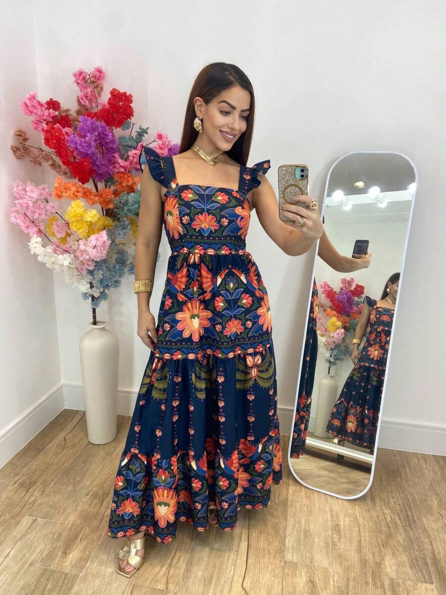 Long Crepe Dress With Tropical Print, Ruffle Detail, And Lining - Fits Sizes 38 To 44 (Brazilian Sizes). - Royal Blue - View 1