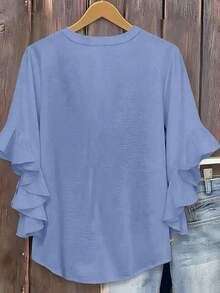 Blusa de unicolor con cuello en V y mangas con volantes para mujer de talla grande, primavera - Celeste - Ver 3