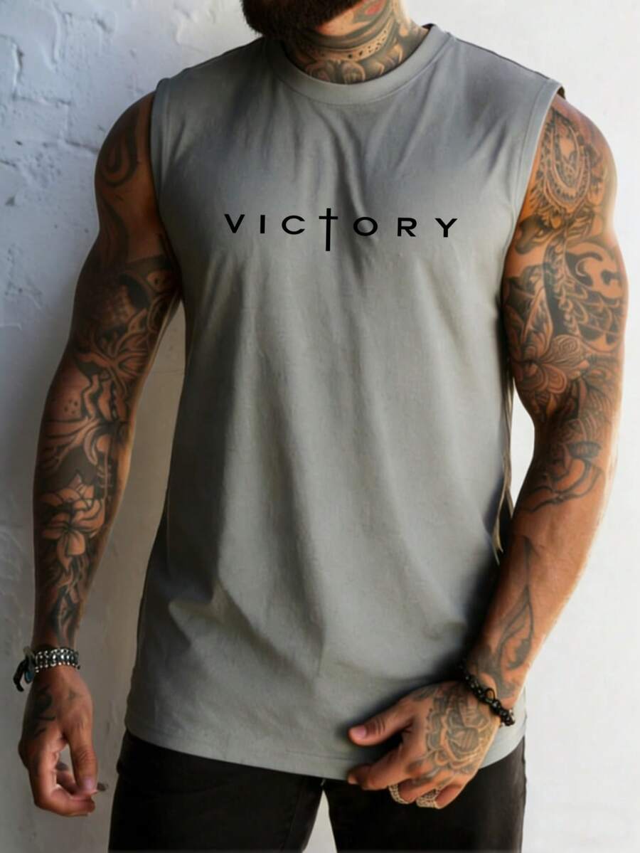 Áo tank top thể thao nam cỡ lớn in khẩu hiệu Victory, thích hợp mặc hàng ngày vào mùa hè và các hoạt động ngoài trời. - Xám - Xem 1