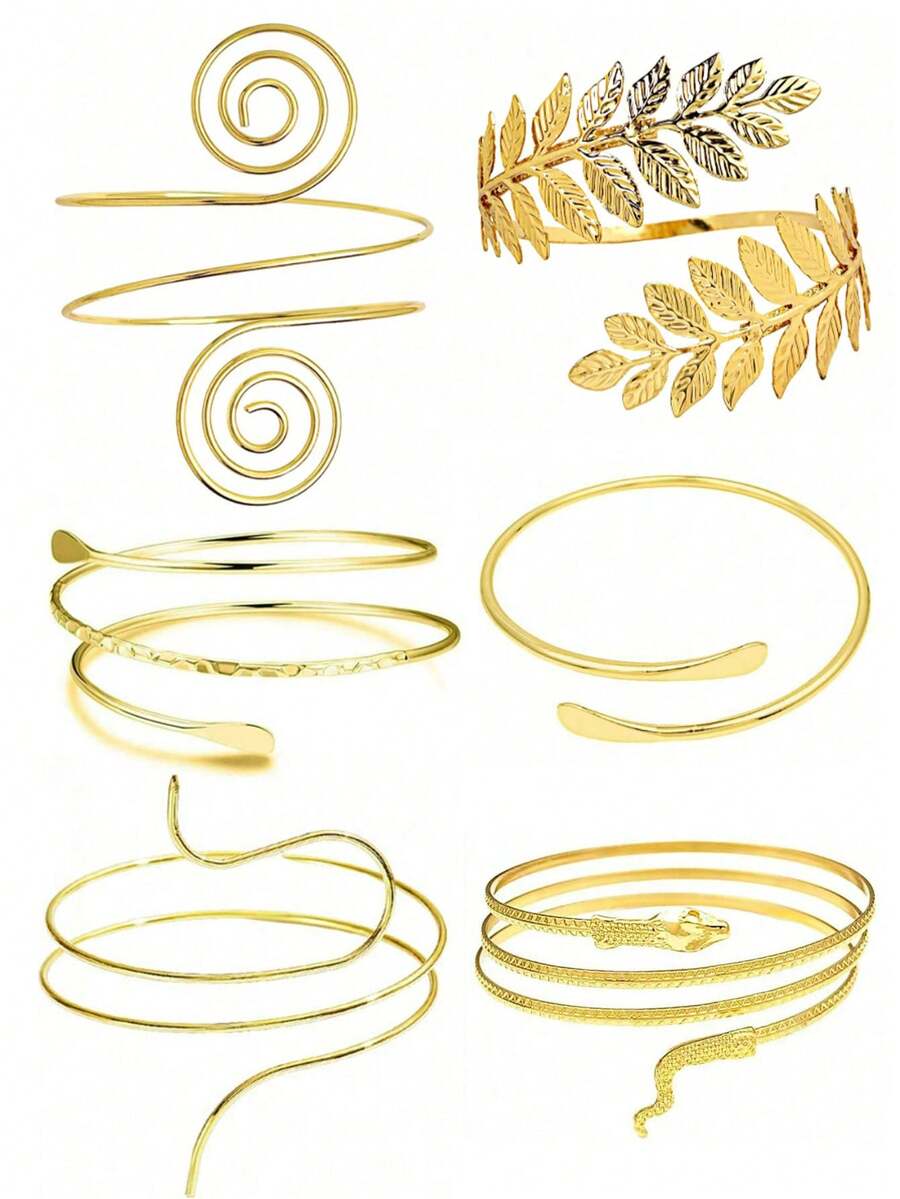 6pcs Beach Vacation Set: Leaf & Snake Minimalist Geometric Arm Cuffs, Exaggerated Metallic Floral Pattern Smooth Music Note Arm Bracelets, Suitable For Parties, Gifts, And Daily Wear - 6PCAT035 - View 1