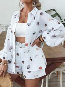 Completo casual da donna taglie forti, con stampa all-over, bottoni frontali, adatto per vacanze al mare e uso quotidiano, elegante, 2 pezzi, primavera - Multicolore - Visualizzare 2