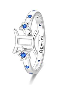 精致蓝色星形宝石双子座戒指，925纯银可调节开口戒指，星座占星饰品，日常佩戴及礼品之选 - 藍色 - 查看 9