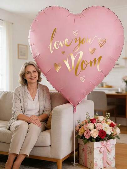 1pc 63-Inch Super Large Mother's Day Pink Heart Foil Balloon, Printed With "I Love Mom" Letter Design, Suitable For Mother's Day, Birthday, Anniversary Party Decoration