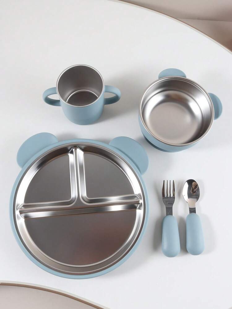 Juego de vajilla para bebé con forro de acero inoxidable y succión de silicona, que incluye tazón, taza, plato dividido, tenedor y cuchara - Multicolor - Añade 14