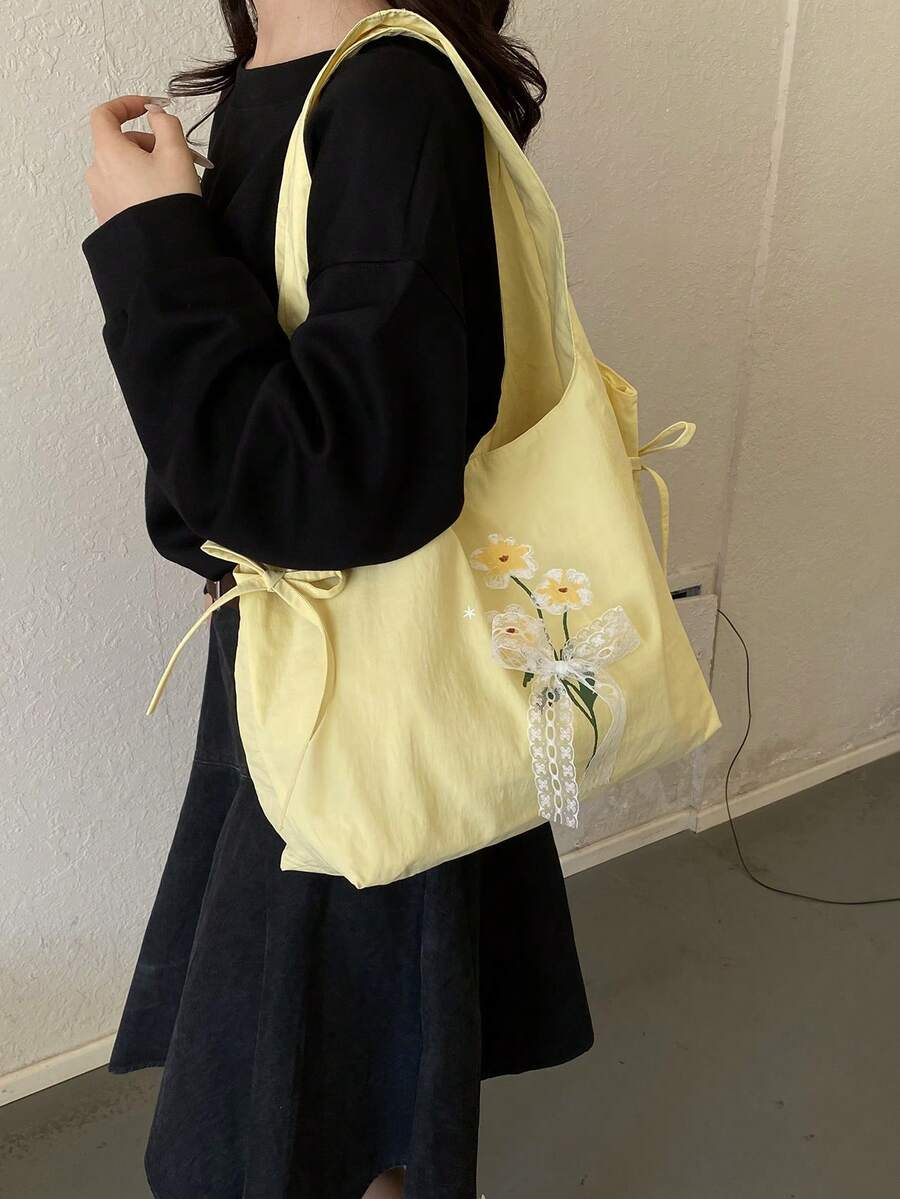 Bolso de hombro con estampado floral lindo, bolso de mano casual de gran capacidad, bolso con decoración de lazo de dopamina para estudiantes