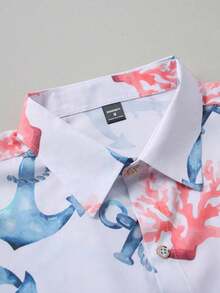 2pcs Men's Anchor & Coral Casual Leisure Vacation Short Sleeve Shirt And Shorts Set, Cozy Outfits - 粉色 - 查看 5