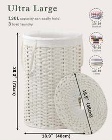 SETVSON Large Laundry Hamper Laundry Basket Round 34.3 Gal (130 L) Handwoven Wicker Laundry Baskets Rattan Laundry Basket With Laundry Bag Handles 2 Mesh Bags For Living Room Bedroom White - White - View 4