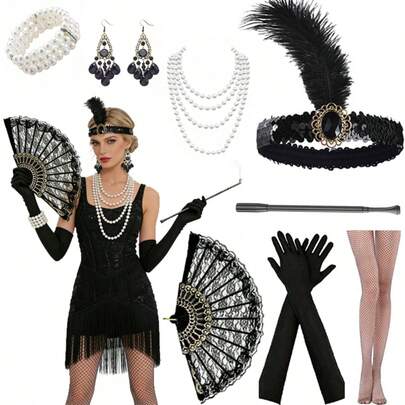 Bộ phụ kiện phong cách retro thập niên 1920 dành cho nữ - gồm mũ đội đầu, vòng cổ, vòng tay, bông tai, găng tay dài màu đen, quạt ren, tẩu thuốc, tất lưới. Hoàn hảo cho các bữa tiệc theo chủ đề thập niên 1920, lễ hội Halloween, dạ hội hóa trang, quà tặng sinh nhật thời trang.