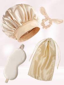 4pcs Hair Care Tool Set 1pc Satin Night Hat Bonnet Elastic Band Wide Brimmed Sleeping Caps 1 Pc Bow Cute Hair Tie /Scrunchies 1 PC Satin Eye Mask 1 PC Satin Bag Sleep Essentials Travel Set Solid Black Pink Burgundy Purple Gold - A - View 6