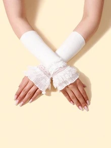 1 双女士洛丽塔风格蕾丝边袖套，夏季防晒遮疤塑形臂套，白色蕾丝边长款针织袖套，甜美洛丽塔时尚配饰 - A - 查看 1
