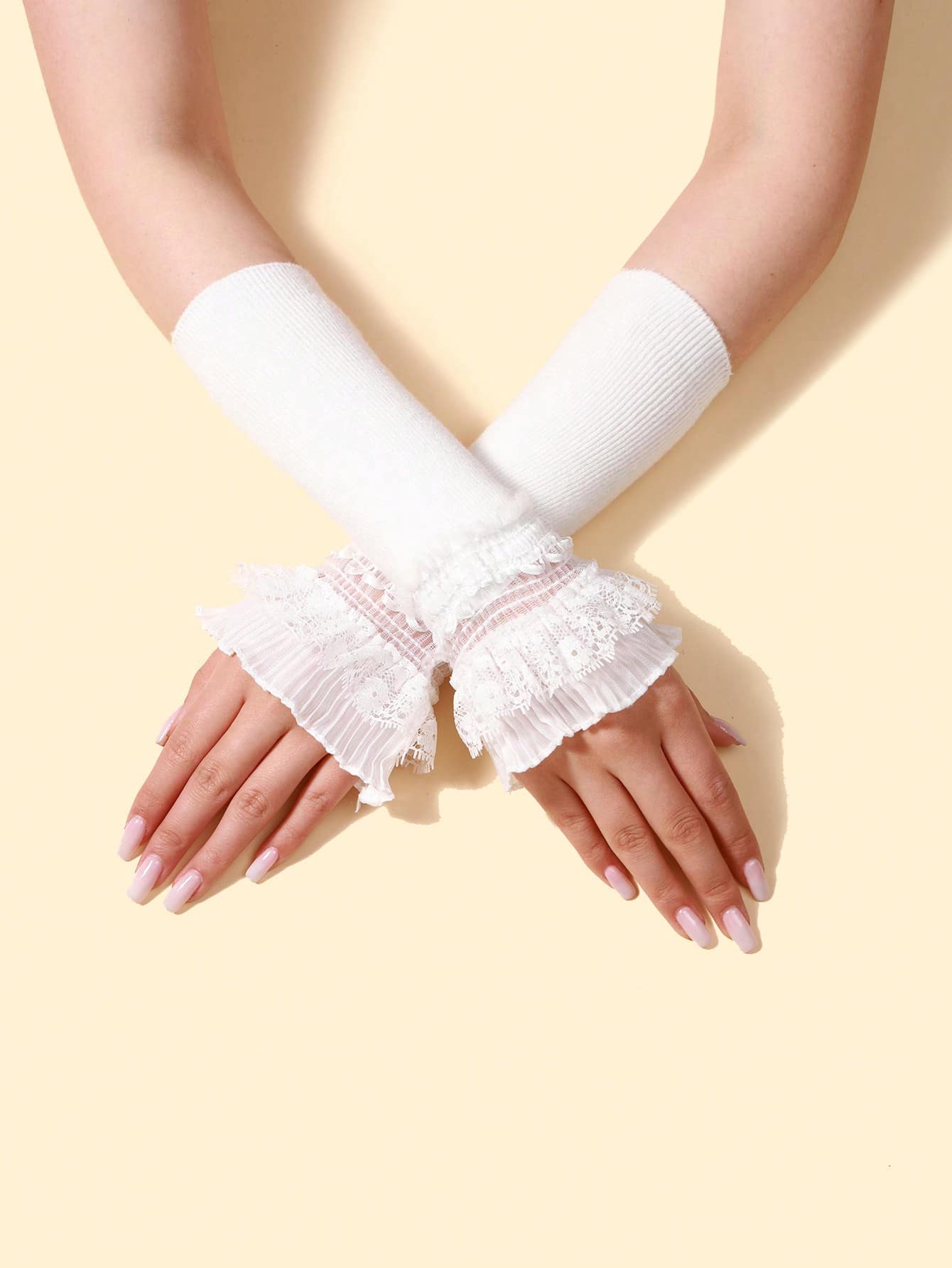 1 双女士洛丽塔风格蕾丝边袖套，夏季防晒遮疤塑形臂套，白色蕾丝边长款针织袖套，甜美洛丽塔时尚配饰 - A - 查看 1
