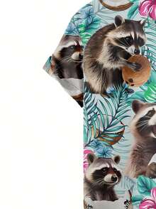 Playful Raccoons Holding Coconuts Among Tropical Leaves And Hibiscus Flowers Create A Joyful Island Vibe 3D Print Hawaiian Style Men's Short Sleeve Button Up Shirt - trắng - Xem 3