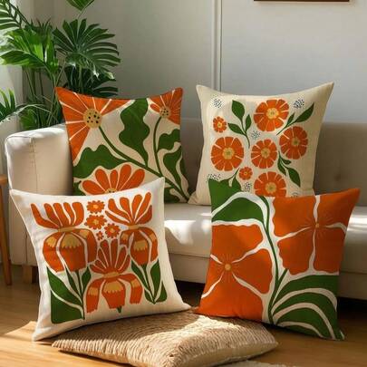 4 Stücke/1 Stück Kissenbezug im Boho-Stil - Entworfen mit orangefarbenem retro abstraktem Blume Muster, geeignet für Raumdekoration, Wohnzimmerdekoration, Sofa und Schlafzimmerdekoration. Kissenbezug | 45x45 cm | Reißverschluss | abnehmbar und waschbar | hautfreundlich weich und bequem - strapazierfähig und farbbeständig, geeignet für Heimdekoration. Ohne Kissenkern.