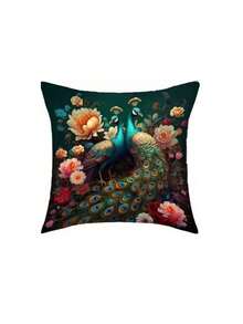 1/4Pcs, Vintage-Style Peacock Oil Painting Velvet Throw Cushion Covers Woven Polyester 17.7X17.7 Inch, Zippered, Geometric-Patterned For Sofa And Home Decor, Machine Washable - Multicolor - View 11