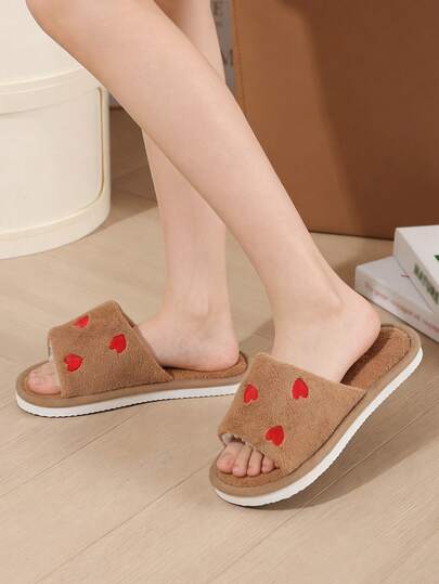 女士新款露趾拖鞋，珊瑚绒刺绣鞋面，舒适室内家居静音拖鞋，情侣酒店拖鞋