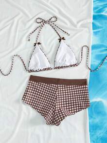 Sultry Sol Đồ bơi nữ; Gợi cảm & Thời trang; Bộ đồ bơi 2 mảnh màu hồng; Bãi biển mùa hè; Bộ bikini; Họa tiết kẻ caro; Trang trí nơ; Đồ bơi nữ gợi cảm, Đồ bơi thời trang phù hợp cho tiệc bể bơi, kỳ nghỉ; Đồ bơi nữ, Đồ bơi nữ, Kỳ nghỉ bikini - màu nâu - Xem 4