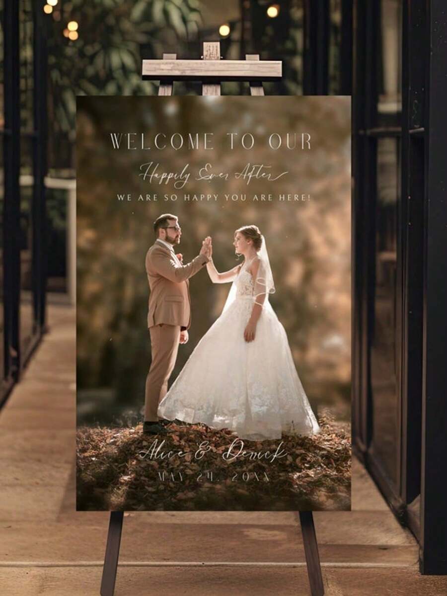 精美婚礼照片欢迎牌模板、欢迎牌、婚礼照片拼贴画、现代欢迎牌、可打印婚礼招待会海报 - 彩色 - 查看 1