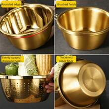 2pcs Stainless Steel Kitchen Set - Includes Thick Multi-Function Colander And Steamer Basket, Suitable For Rinsing Rice, Fruits, Pasta, Soup Pot And Whisk | Dishwasher , Anti-Rust, Space-Saving Design - Golden Drain Net - View 5