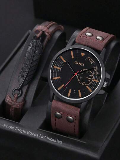 LIANDU LIANDU Men's Watch With Calendar Function, Casual Sports Style, Round Dial Quartz Watch, Comes With Leather Strap Decoration Set, Suitable For Daily Wear, Birthday Gift, Back To School, Thanksgiving, Couples, Perfect Gift