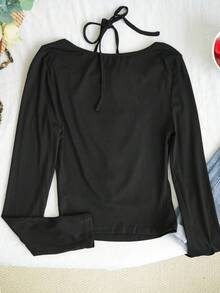 新款性感露肩修身短款上衣，袖口系带，适合春夏穿着 - 黑色 - 查看 10