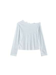 蕾丝拼接不对称领长袖T恤（随机条纹） - 灰藍色 - 查看 6