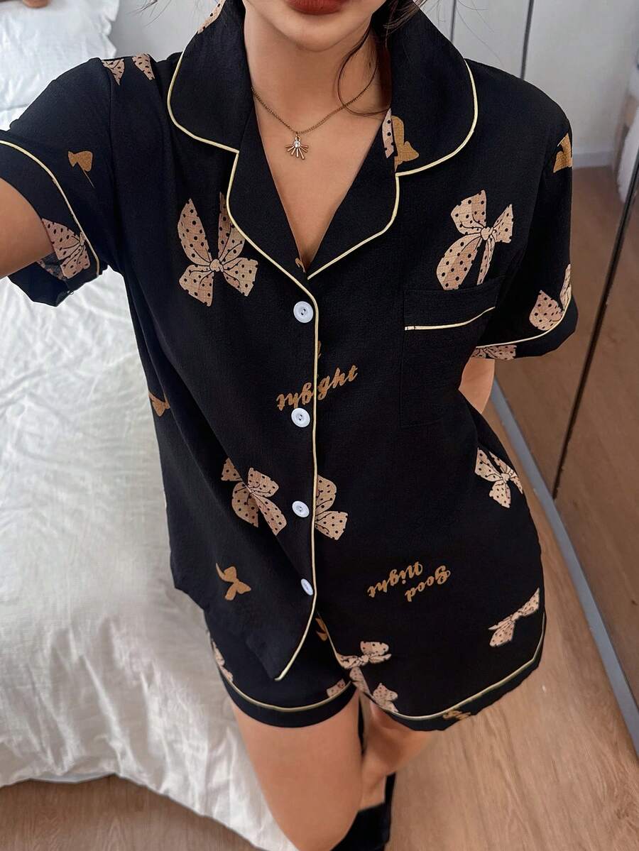 Dreamivo Black Bow Tie Pattern Short Pajama Set - Short Sleeve Button Collar Top And Pants, Soft Satin Sleepwear, Machine Washable, Can Be Worn Outerwear - Black - View 1