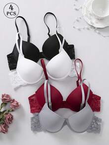 4 Stück Damen Komfort Unterwäsche Kollektion - Luxuriöser Push-Up-BH mit zarten Spitzendetails, hoher Halt und weicher, atmungsaktiver Stoff für höchsten Komfort - Verschiedenfarbig - Übersicht 3