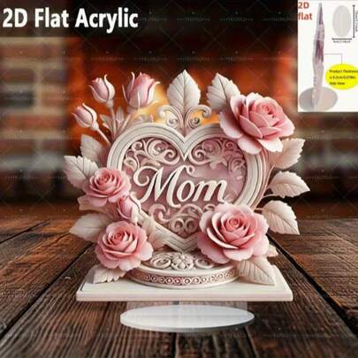 2D Plane, Crystal 2D Plane "Mom" Heart-Shaped Ornament, Pink Rose - Berliner Style Mother's Day Gift, Indoor/Outdoor Desk Decor, Bedroom, Office Home Decoration, Exquisite Floral Design, Elegant Charm, 2D Plane, 2D Plane
