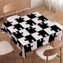 1 Pc Modern Black And White Puzzle-Grid Tablecloth, Easy-To-Clean Machine Washable Table Cloth, Multi-Size Square Tablecloths, Perfect For Kitchen And Restaurant Table Decorations, Holiday Dinners, Parties, Indoor And Outdoor Banquet Decorations. - Black and White - View 2
