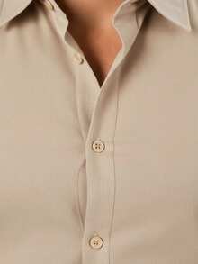 Premium Slim Fit Short Sleeve Luxury Dress Shirt - Màu be - Xem 5