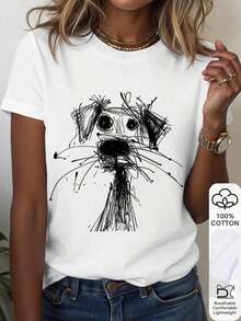 Selamara Camiseta de manga corta de cuello redondo casual para mujer con estampado de garabatos de perritos, versátil para el verano blusa oversize dama - Estilo - Ver 5
