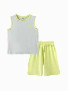 Balabala Bộ đồ ngủ mùa hè cho bé trai, trẻ nhỏ, gồm áo ba lỗ không tay và quần short, chất liệu nhẹ, thoáng khí. - Vàng xám - Xem 1