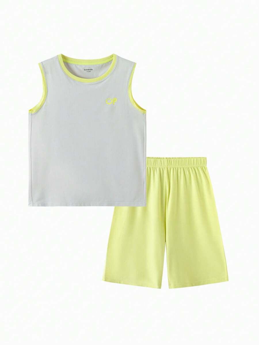 Balabala Bộ đồ ngủ mùa hè cho bé trai, trẻ nhỏ, gồm áo ba lỗ không tay và quần short, chất liệu nhẹ, thoáng khí. - Vàng xám - Xem 1