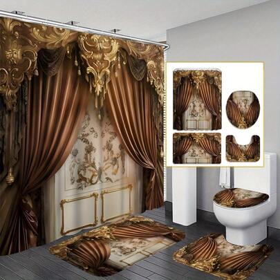4pcs Vintage Palace Style Bathroom Set, European Luxury Shower Curtain, Deep Gold Classic Curtain, French Elegant Curtain, Curtain Fabric With 12 Hooks, Anti-Slip Bathroom Mat & Toilet Seat Cover Set, Bathroom Mat, Toilet Seat Cover, U-Shaped Anti-Slip Mat, With 12 Shower Curtain Hooks
