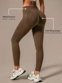 NcmRyu Women's Ono Pc Seamless Ribbed Solid Color High Waist Elastic Slim Fit Leggings - Mocha Brown - View 8