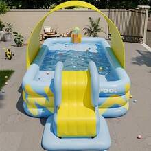 Large Inflatable Swimming Pool (No Slide, No Other Accessories), Blue & Yellow Color Scheme, Accommodates 4-6 People, Ideal For Summer Outdoor Entertainment, Parties And Gatherings | Fun Design | Inflatable Pool - C - View 1