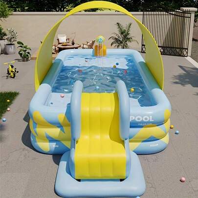 1 Stück blaues aufblasbares Familienschwimmbecken - ohne Rutsche, tragbares rechteckiges Becken, geeignet für Hinterhof, Strand oder Sommerkühlung - Optionen für 1-7 Personen | Einfache Aufstellung Kategorie: Einfaches Schwimmbecken