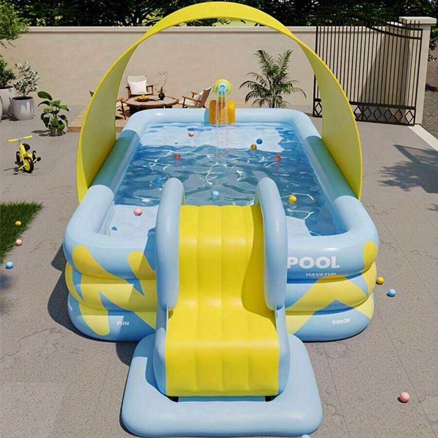 Large Inflatable Swimming Pool (No Slide, No Other Accessories), Blue & Yellow Color Scheme, Accommodates 4-6 People, Ideal For Summer Outdoor Entertainment, Parties And Gatherings | Fun Design | Inflatable Pool - C - View 1