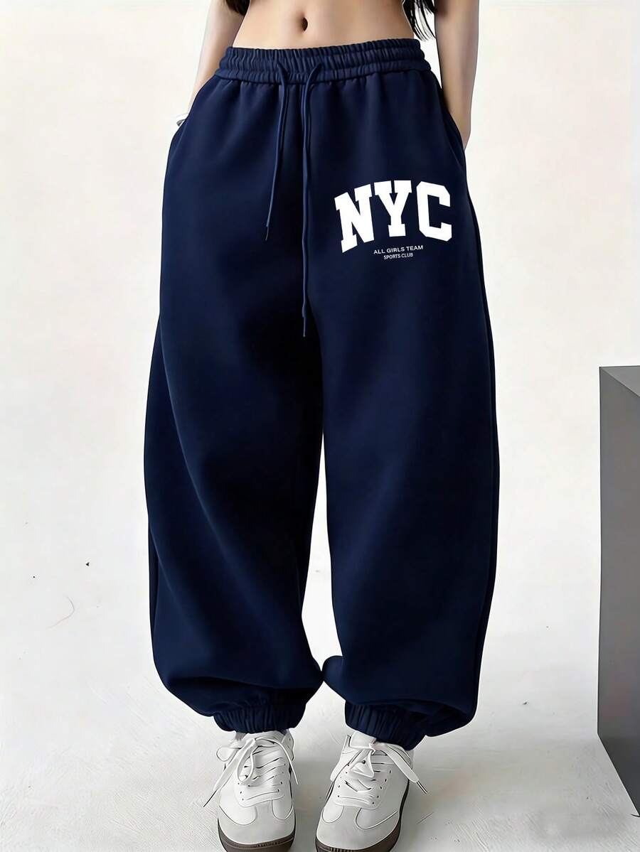 Pantalones jogger grises de ajuste holgado y casual con estampado de letras NYC, pantalones de otoño e invierno para mujer - Azul Marino - Ver 1