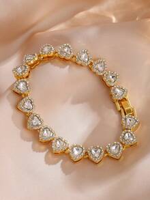 1pc Classic Versatile Heart-Shaped Zirconia Inlaid Copper Bracelet, Silver/Gold Color Options, Suitable For Students, Campus Daily Wear, Nice Gift For Friends - Bracelet - View 5
