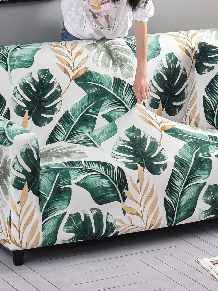 1pc Plant Pattern Printed Sofa Cover (Including 1pc Pillow Cover), Dust-Proof, Dirt-Resistant, Elastic Full Coverage Sofa Protector, Living Room Home Decor, Fits 1/2/3/4 Seater Sofa, All Season, Machine Washable - Green - View 1