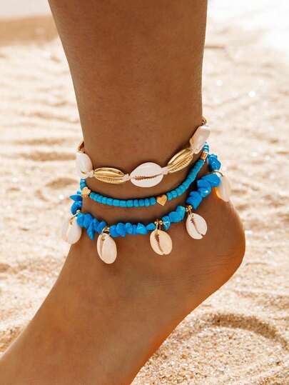 Bộ 1/3 chiếc vòng chân phong cách Bohemian hình trái tim bằng polyester và đá nhựa, món quà độc đáo dành cho phụ nữ đi nghỉ mát ở bãi biển.