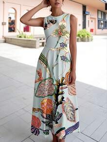 New Fashionable Vacation Style Floral Print Sleeveless Dress, Breathable For Spring & Summer, Slimming Fit, Elegant Floral Digital Printing Versatile For Casual, Home, Travel, Work, Wedding, Party, Beach, Cocktail, Dancing - Baby Blue - View 3