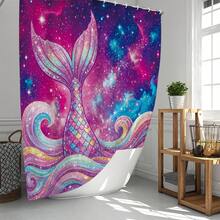 1件/4件套星空美人鱼尾巴图案多功能浴室装饰浴帘套装，赠送12个挂钩，营造优雅假日氛围，包含浴室地垫、U型马桶垫和圆形马桶垫，适用于各种浴室场景。 - E - 查看 11