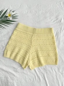 For Love & Bella Women's Casual Cute Single-Breasted Polo Collar Knit Cardigan And Shorts 2-Piece Set, Fashionable Hollow-Out Short Sleeve Street Style Summer Holiday Outfit, Suitable For Beach Dates, Holiday Afternoon Tea, And Home Wear Spring - Yellow - View 9