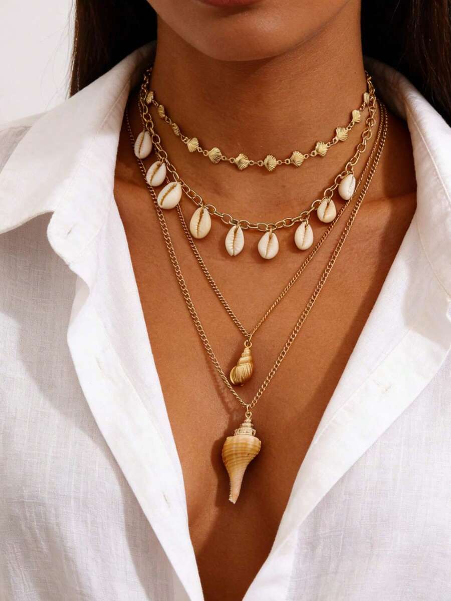 Set de 2/4/6 piezas de pendientes, collar y colgante con estrellas de mar y conchas de estilo oceánico a la moda, adecuado para uso diario y vacaciones de mujeres - Amarillo Oro - Ver 1