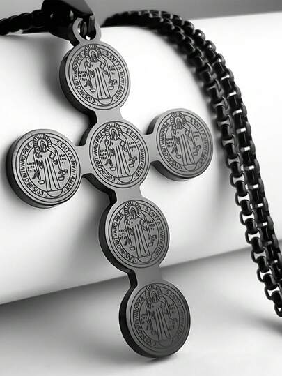 1pc Elegant Stainless Steel Saint Benedict Cross Necklace - Fashionable Religious Jesus Pendant, Suitable For Party And Gift
