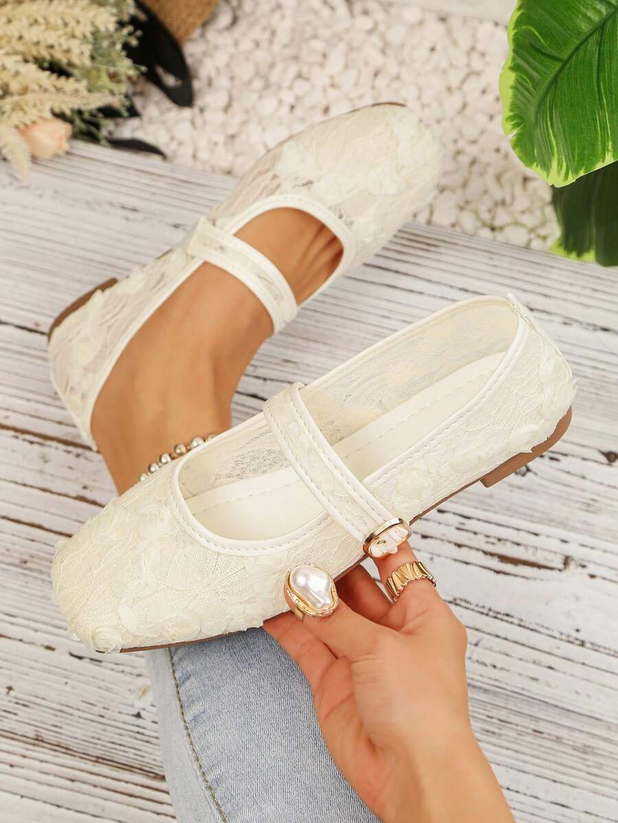 Giày bệt Mary Jane nữ, mũi vuông, kiểu dáng thanh lịch Trung Quốc mới, kèm khăn voan lưới, viền ren thời trang, phù hợp cho các buổi họp mặt, tiệc tùng, đám cưới. - trắng - Xem 1