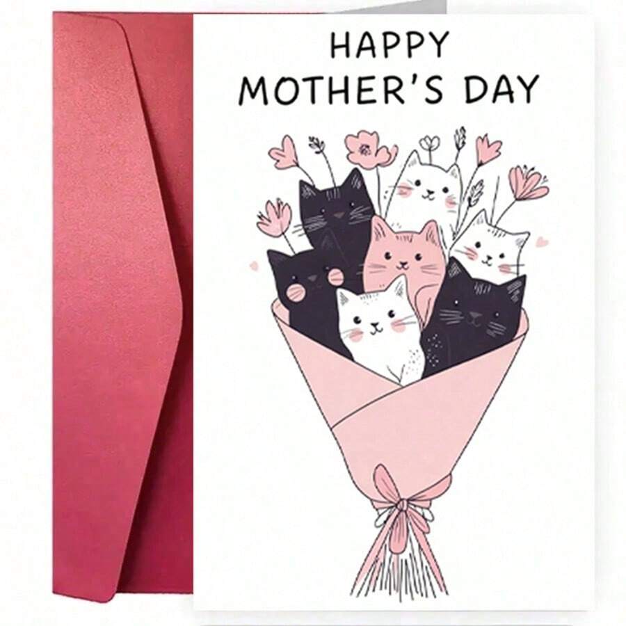 1pc Mother's Day Card, Designed By Daughter Or Son For Mom, Cute Kitten Bouquet Design, Mother's Day Theme, Includes Fresh Flowers And Sincere Blessings - View 1